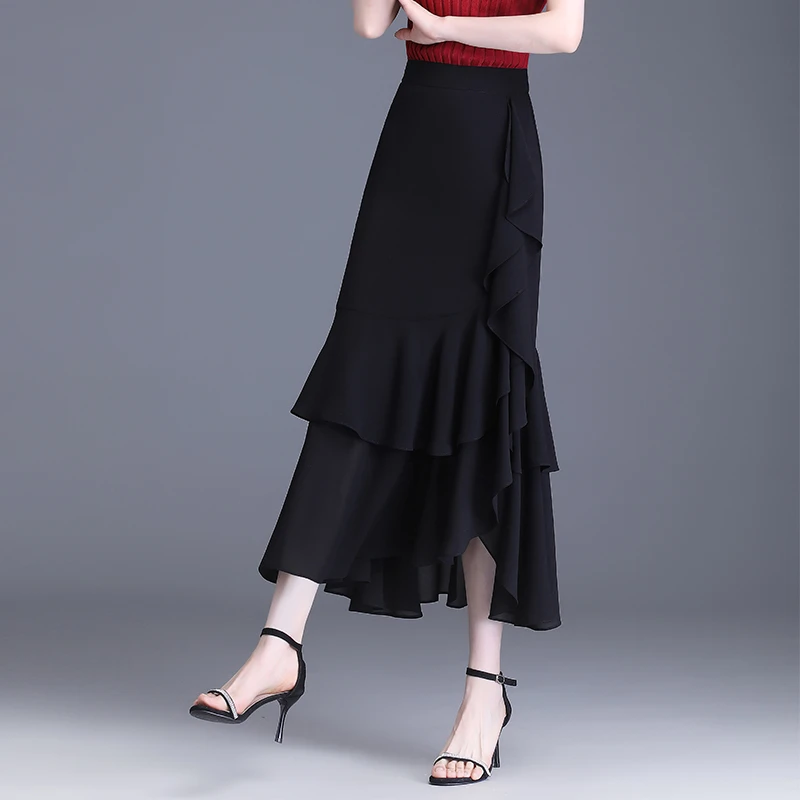 女士显瘦半身裙设计感小众雪纺鱼尾裙夏长裙高腰不规则荷叶边包裙