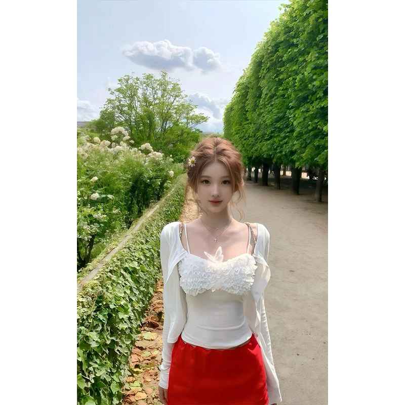 2025夏季新款ins薄款防晒短针织开衫内搭褶皱吊带背心配高腰短裙