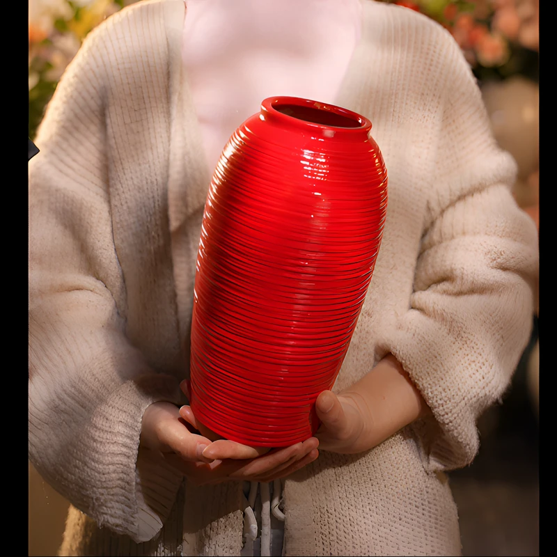 红色陶瓷花瓶 高温上釉陶瓷花瓶 仿真花年宵花插瓶（可水培）