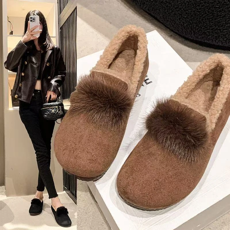 【茶芙巷】豆豆鞋女冬季新款加绒软底软面保暖舒适毛毛鞋【YJL】