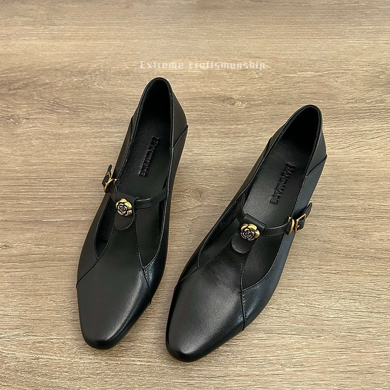 软牛皮复古风丁字扣带玛丽珍鞋女镂空百搭法式春秋款粗跟高跟单鞋