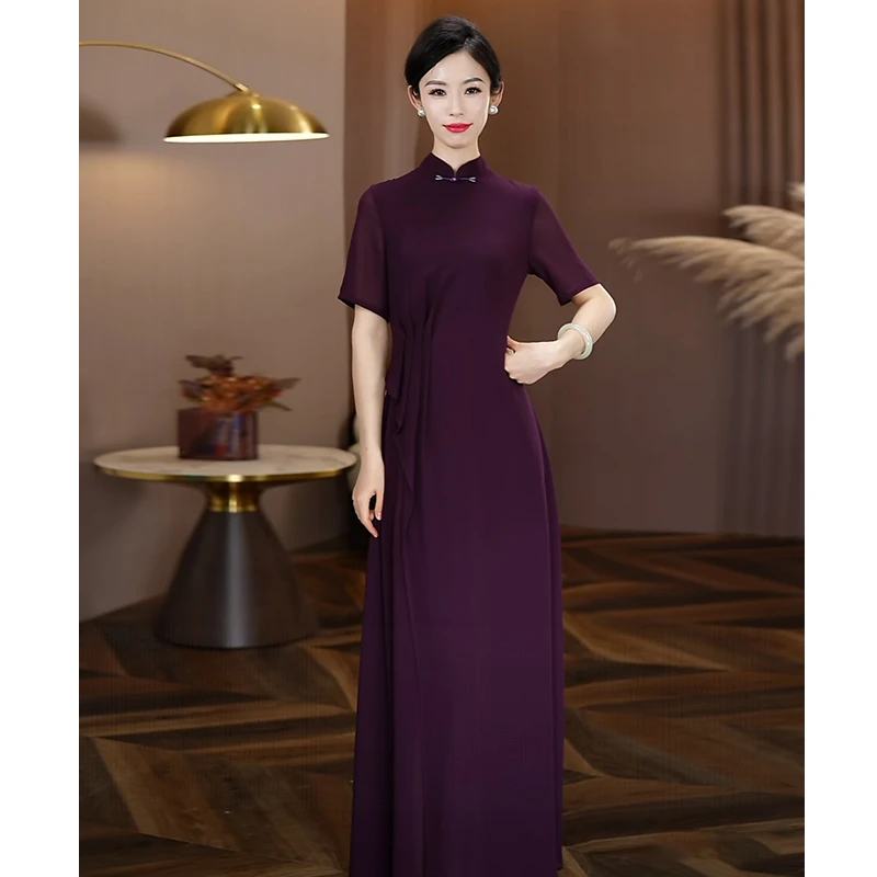 国风连衣裙女2025夏季新款紫色气质大摆长裙优雅新中式时尚裙子