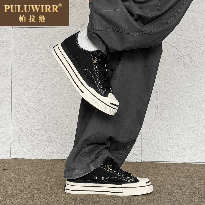 日系风黑色帆布鞋男款硫化鞋厚底低帮板鞋透气鞋子男鞋潮鞋百搭