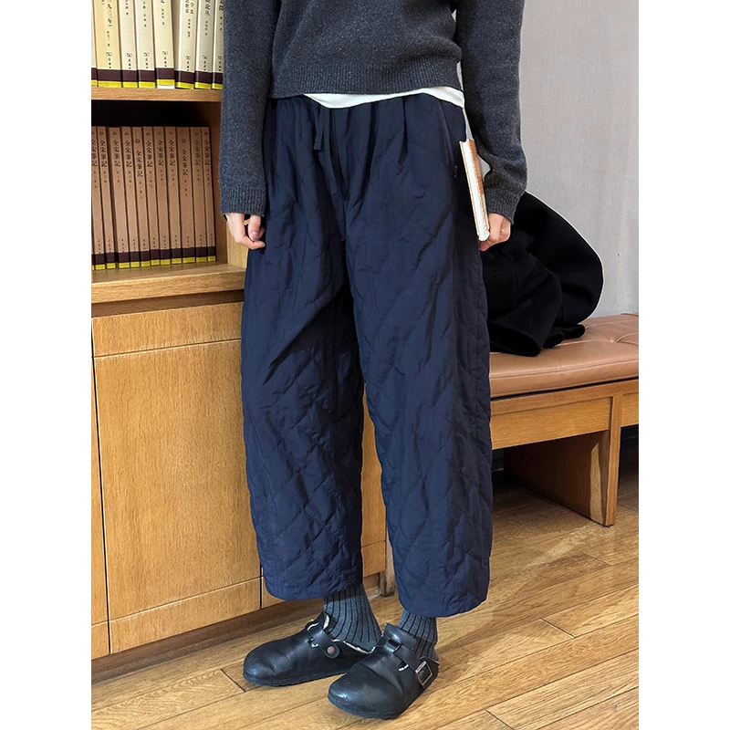 LANGQING 菱格保暖冬季蓝色直筒九分阔腿棉裤43207/43424#