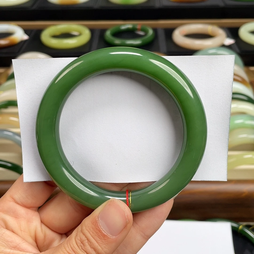 和田玉未镶嵌手镯-粉绿 圆条