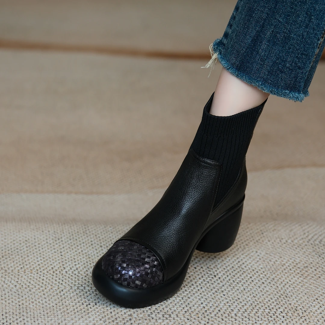 MENEER-M 2025新款真皮短靴女高跟防水台粗跟编织针织拼接瘦瘦靴
