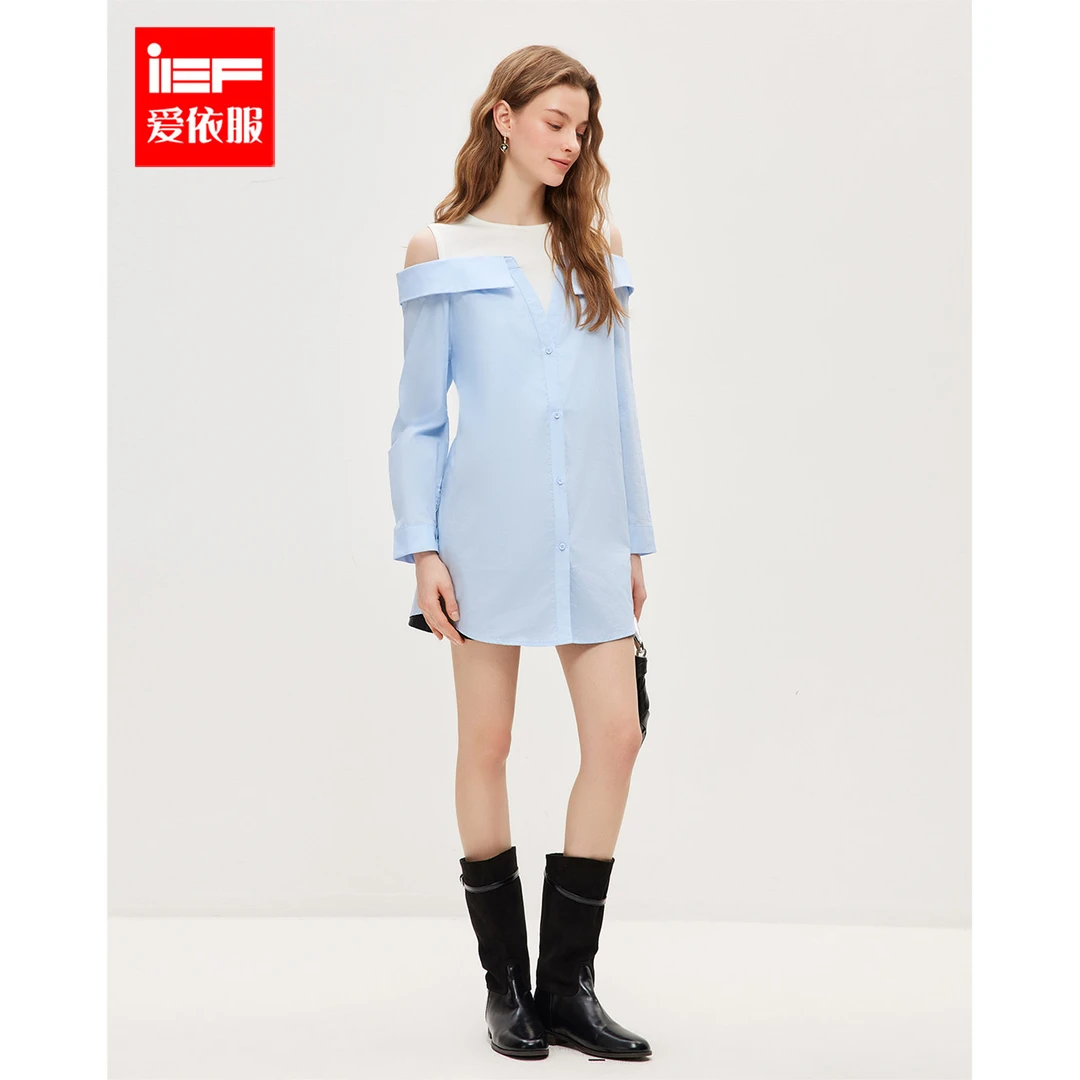 IEF/爱依服2025春季新款假两件露肩小众收腰显瘦长上衣欧若风