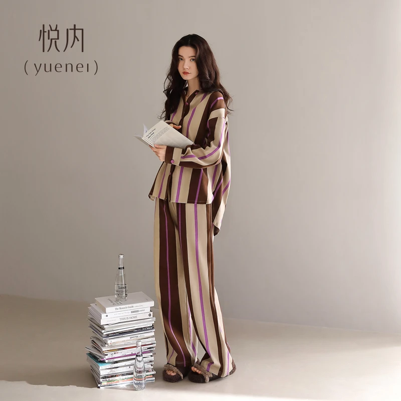 悦内睡衣女士款春秋季秋款长袖纯棉大码家居服时尚休闲条纹可外穿
