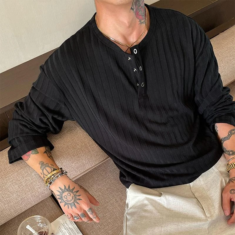 OXFREAK 「老钱风 软糯松弛」肌理感亨利领长袖t恤男春季宽松体恤