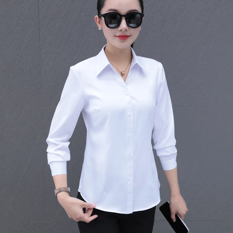 V领衬衫女长袖2025春秋新款职业韩版修身正装工作服免烫白色衬衣