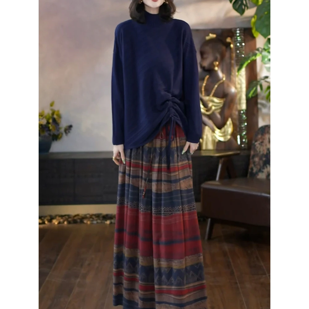 时尚洋气裙套装女2025冬季新款简约休闲风纯色针织衫+百搭半身裙