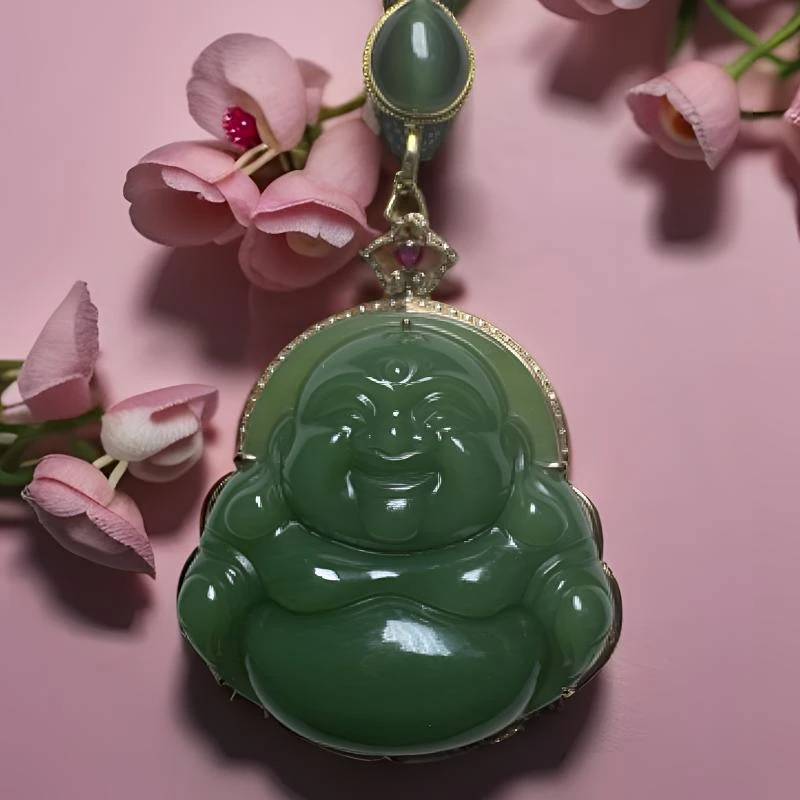 镶嵌高冰粉青猫眼碧玉佛公时尚精致女款