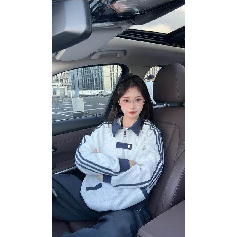 cleanfit三条杠拼接外套男秋季潮牌学院风开衫卫衣运动美式棒球服