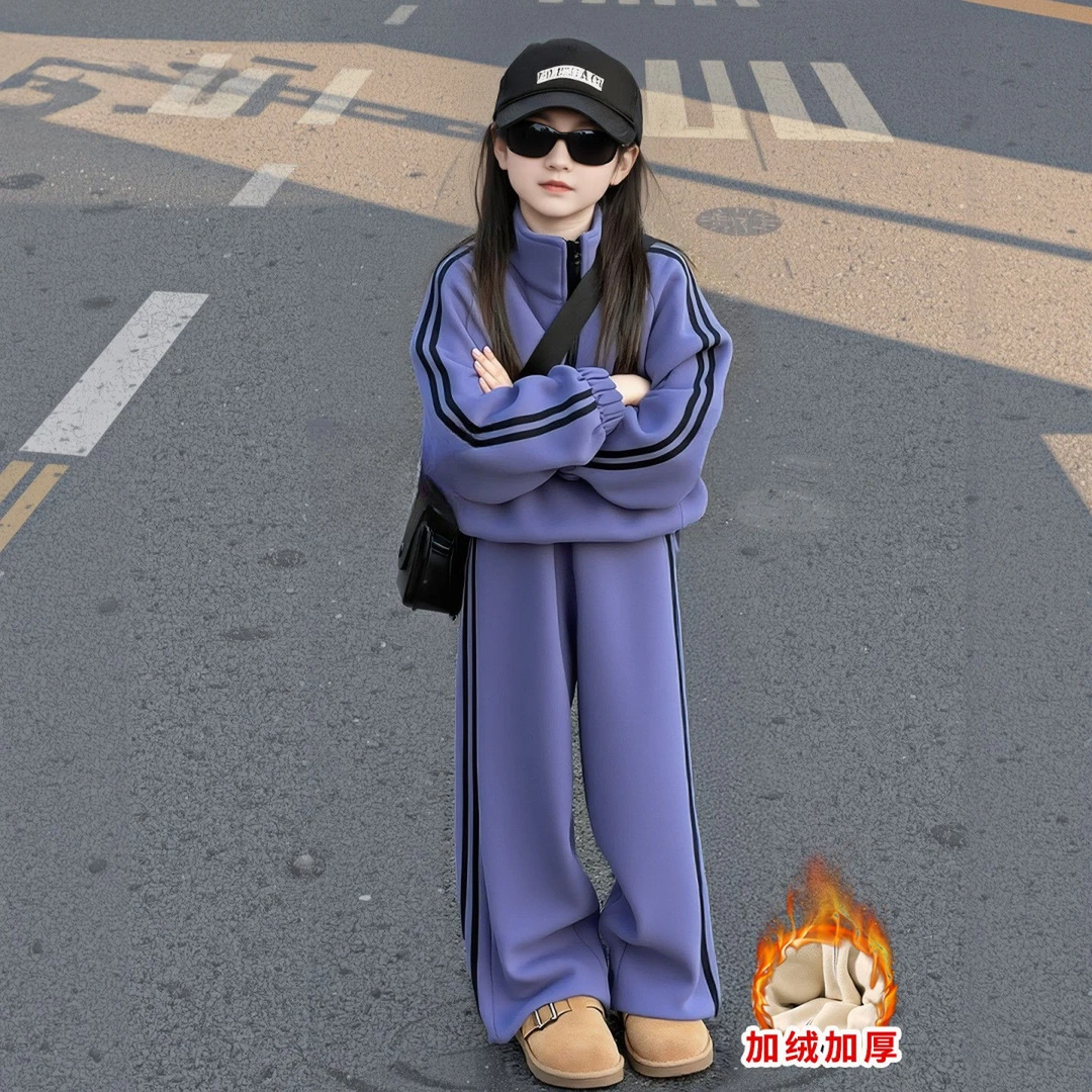 女童加绒套装秋冬款2026新款中大童一体绒卫衣卫裤儿童休闲运动服
