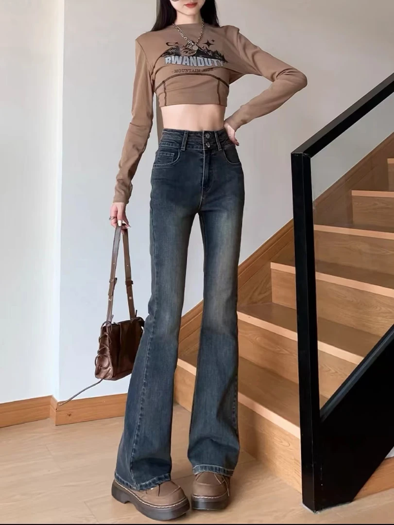 试穿样衣女设计感牛仔裤春秋高腰女美式裤子