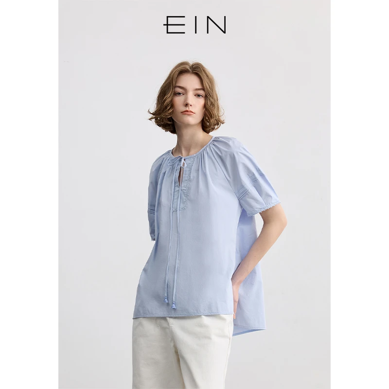 EIN/言文艺轻行清雅系带圆领风琴褶泡泡袖上衣女2025春夏新款