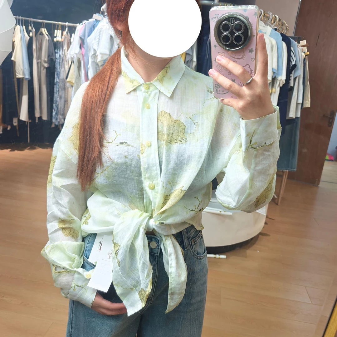 25828黄绿花苎麻长袖翻领衬衫时尚百搭休闲通勤春夏秋女