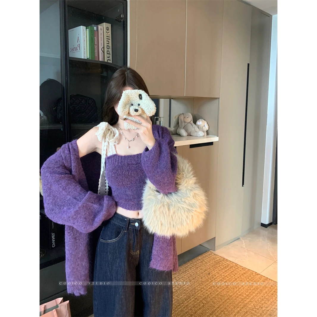 慵懒温柔紫色长袖毛衣外套女秋季穿搭套装蕾丝绑带吊带背心两件套
