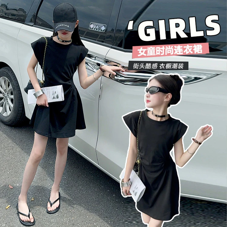 法式高级感收腰显瘦连衣裙女童夏季新款甜美风气质圆领a字裙设计