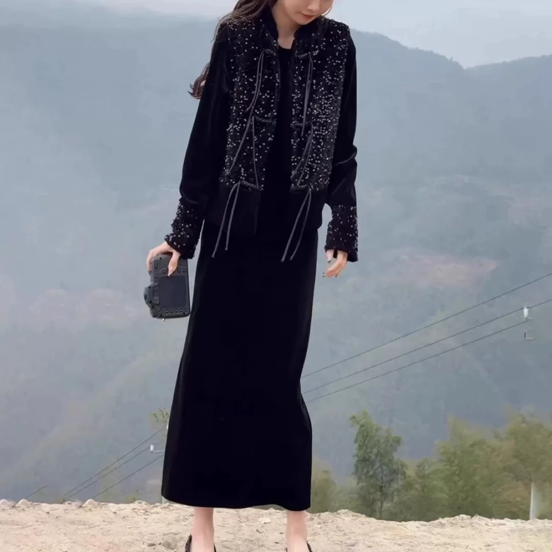 新中式国风打底衫亮片盘扣马甲丝绒半身裙