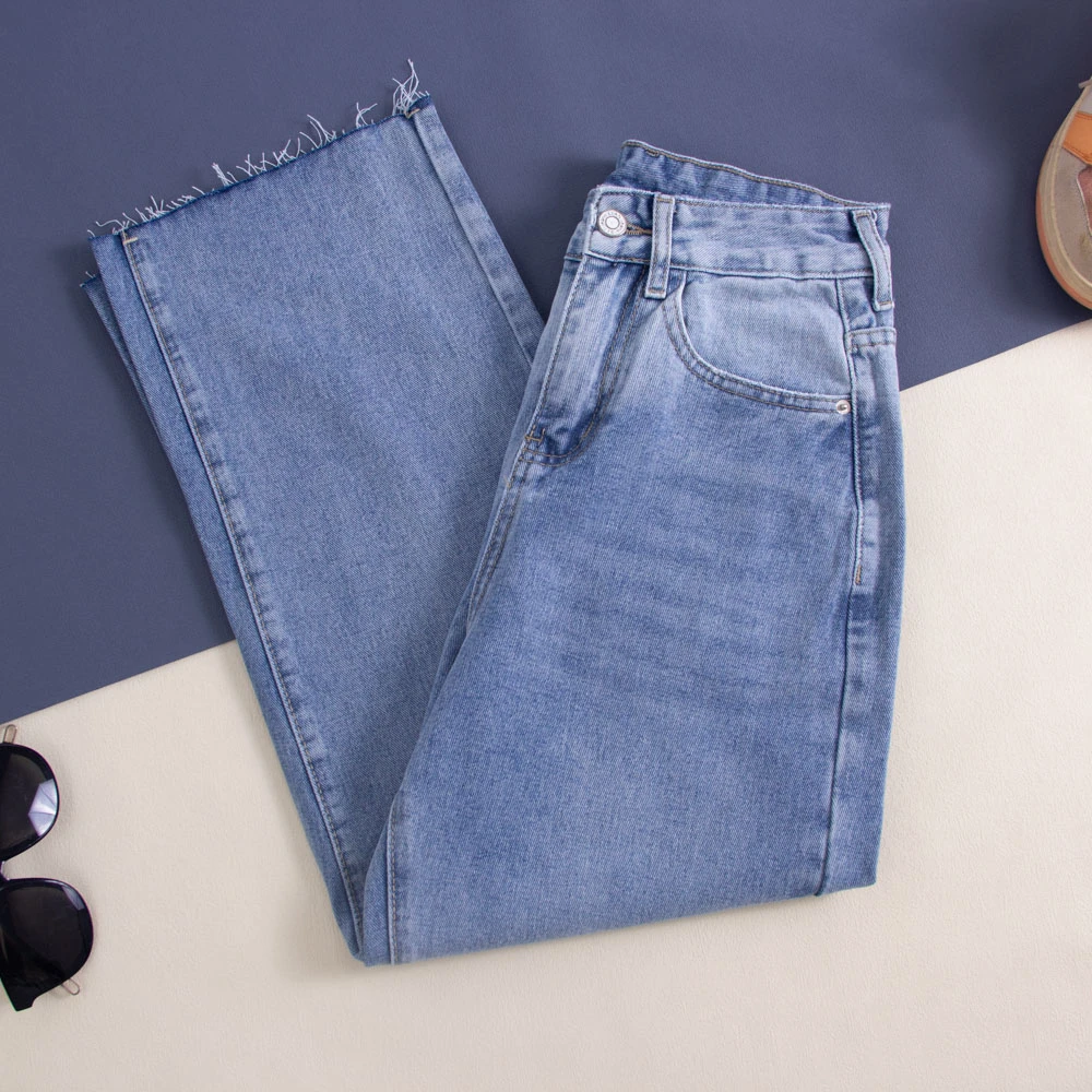 22303-浅蓝色哈伦裤阔腿直筒牛仔裤女八分宽松薄款美式垮裤