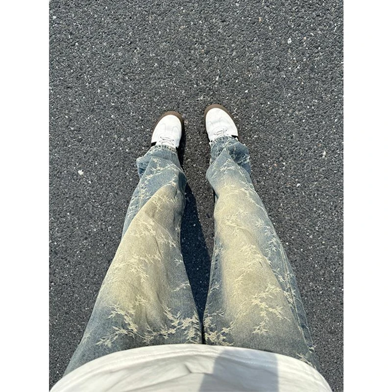 【JRXR男装】荆棘提花牛仔裤美式高街裤子男款水洗直筒微喇弯刀裤