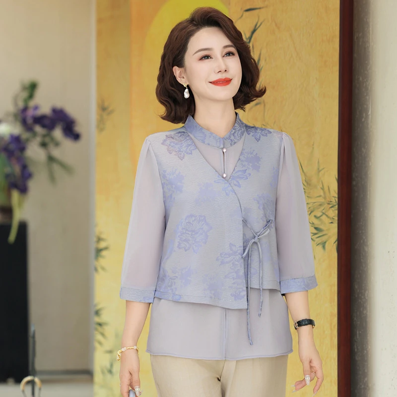 中年妈妈上衣25年新款中式民族风高档时尚夏装宽松薄款上衣