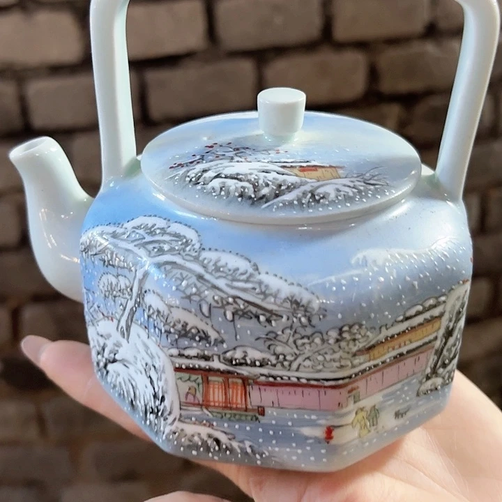 摆件景德镇高温陶瓷提梁壶蓝