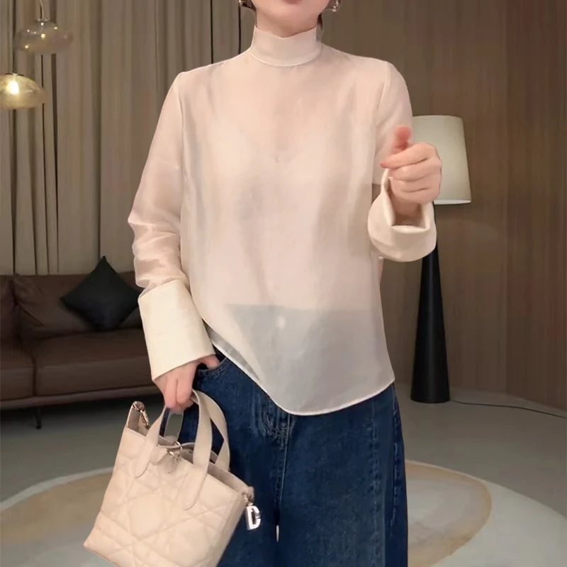 大码女装慵懒极简风穿搭秋季新款半高领显瘦轻薄款打底百搭上衣