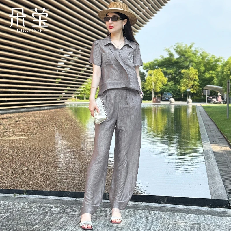 时尚气质套装女2025夏季新款青年短袖休闲显瘦阔腿裤两件套