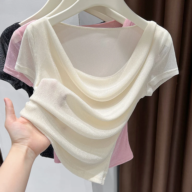 杏色绝美荡领纱网短袖t恤薄款银丝褶皱收腰显瘦上衣短款洋气小衫