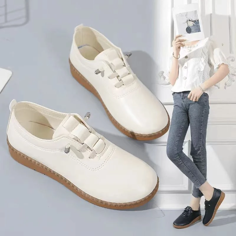 春秋新款皮面平底浅口单鞋女款软底妈妈鞋一脚蹬软底鞋休闲小皮鞋