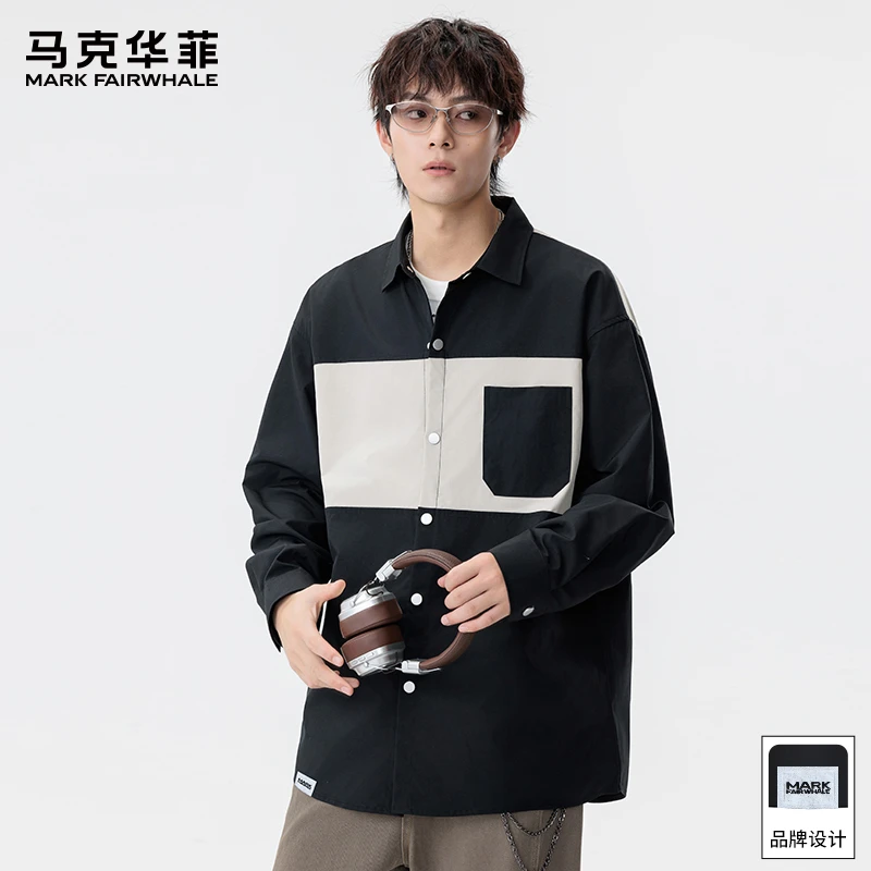 马克华菲美式复古拼接长袖衬衫男士秋季新款宽松百搭休闲上衣外套