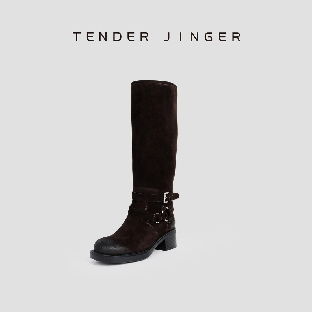 Tender Jinger秋冬反绒粗跟擦色复古金属扣长靴M250620
