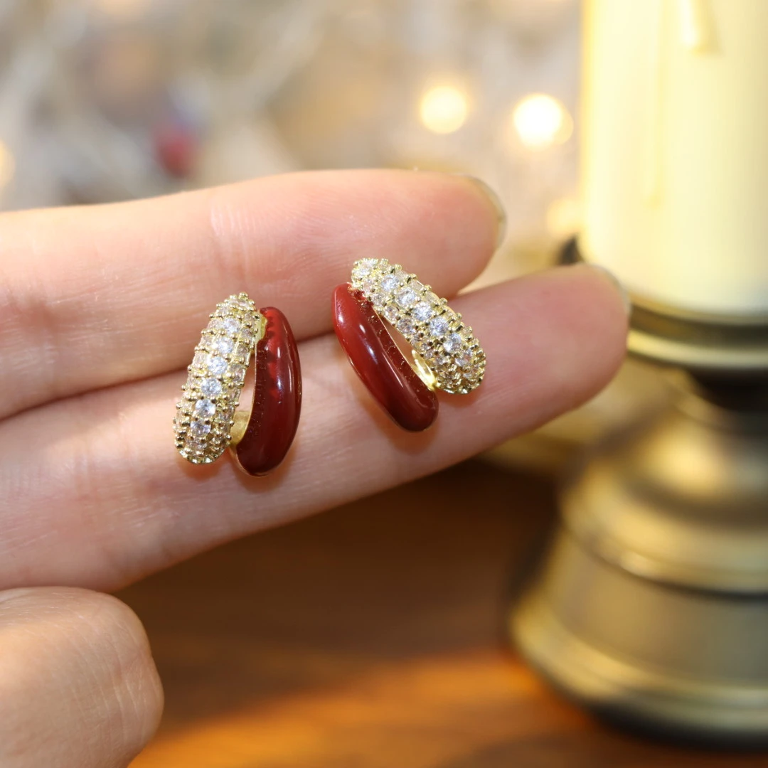 铜合金合成锆石耳饰 【馨嬜】韩式红色女精致个性植物气质几何耳钉