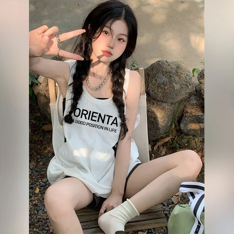 ins潮牌坎肩无袖t恤女白色球衣夏纯棉中长款内搭外穿宽松运动背心