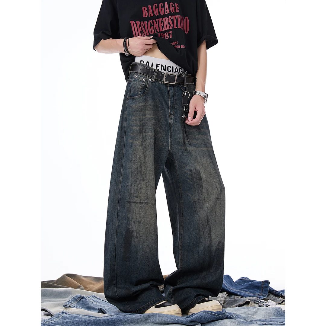 ZZQ 美式复古cleanfit涂鸦牛仔裤男女潮牌垂感水洗宽松直筒阔腿裤