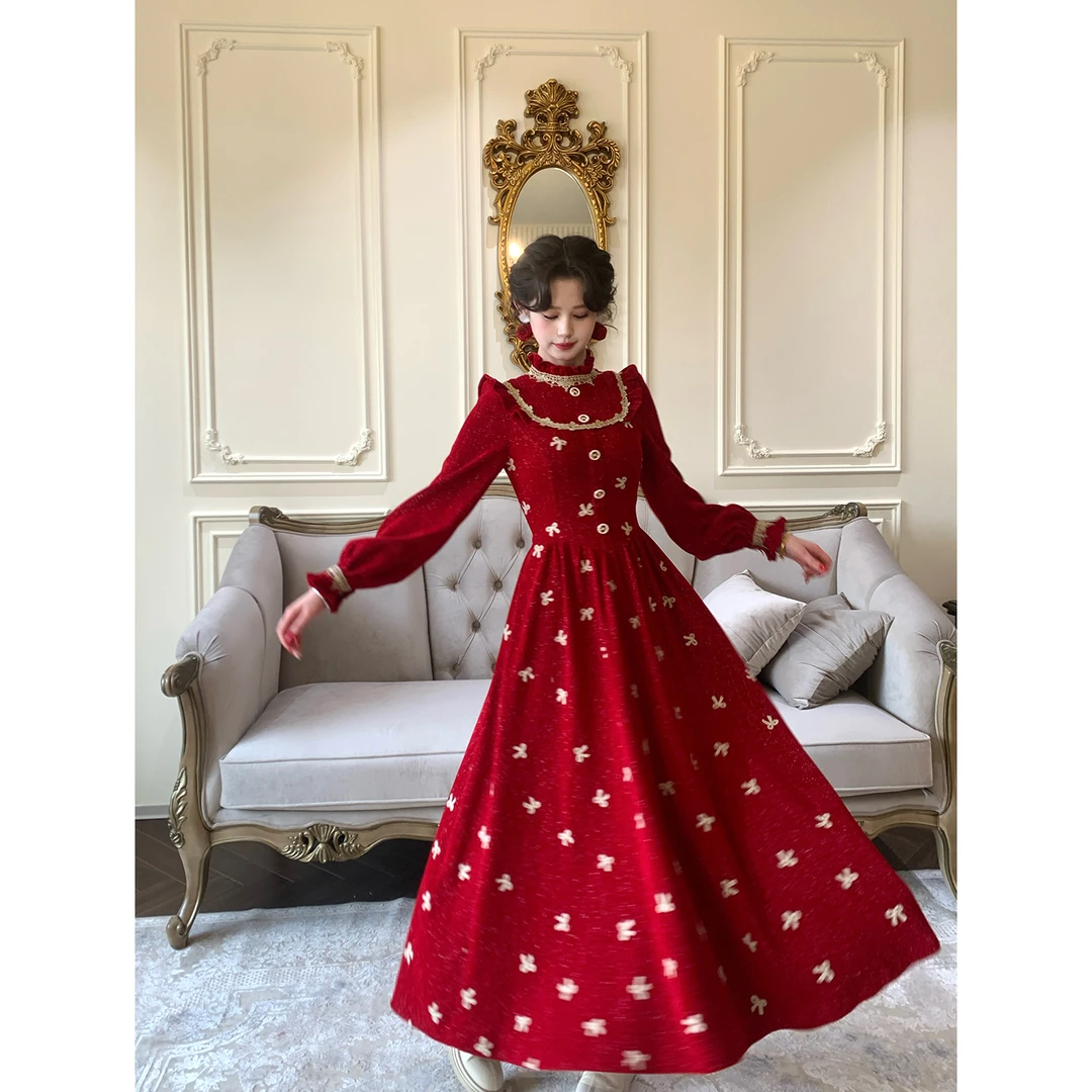 一生罗曼【礼物盒子】法式复古冬季订婚结婚红色蝴蝶结连衣裙L1617