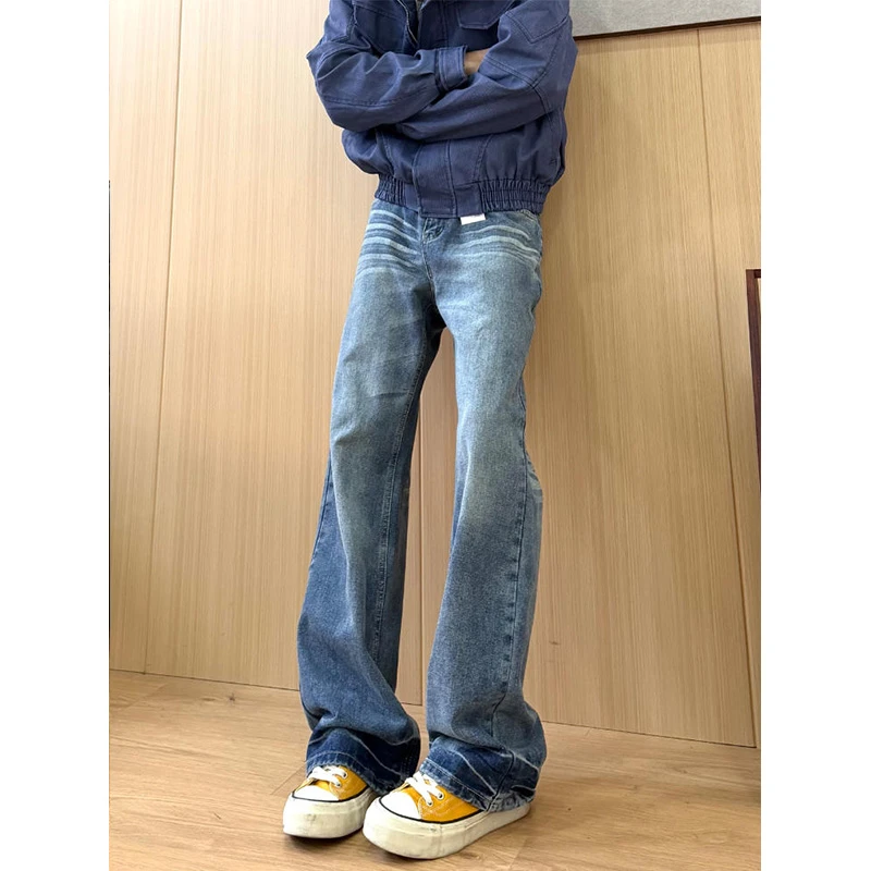 cleanfit猫须纹蓝色牛仔裤男款秋冬季高级感做旧阔腿弯刀微喇裤子