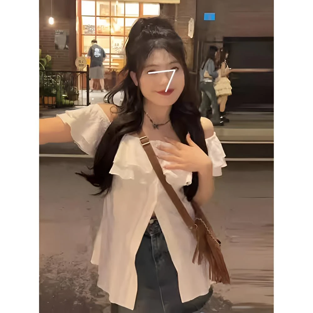 大码微胖一字肩短袖衬衫女夏胖mm显瘦收腰正肩设计感小众法式上衣