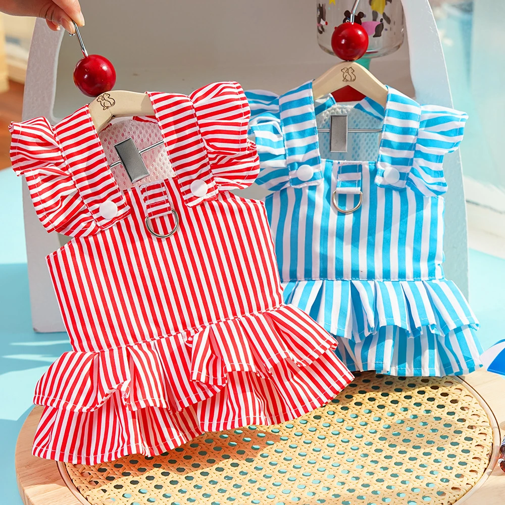 公主风狗狗衣服条纹可牵引小飞袖背带裙猫咪连衣裙子泰迪宠物服装