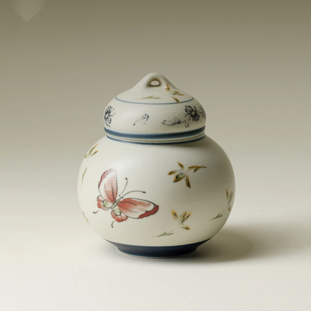 青花火石红描金蝴蝶兰花陶瓷茶叶罐家用储物罐香粉罐茶仓