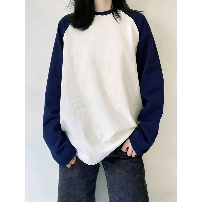 奶huhu撞色圆领正肩套头内搭长袖女秋冬保暖百搭长袖打底衫上衣