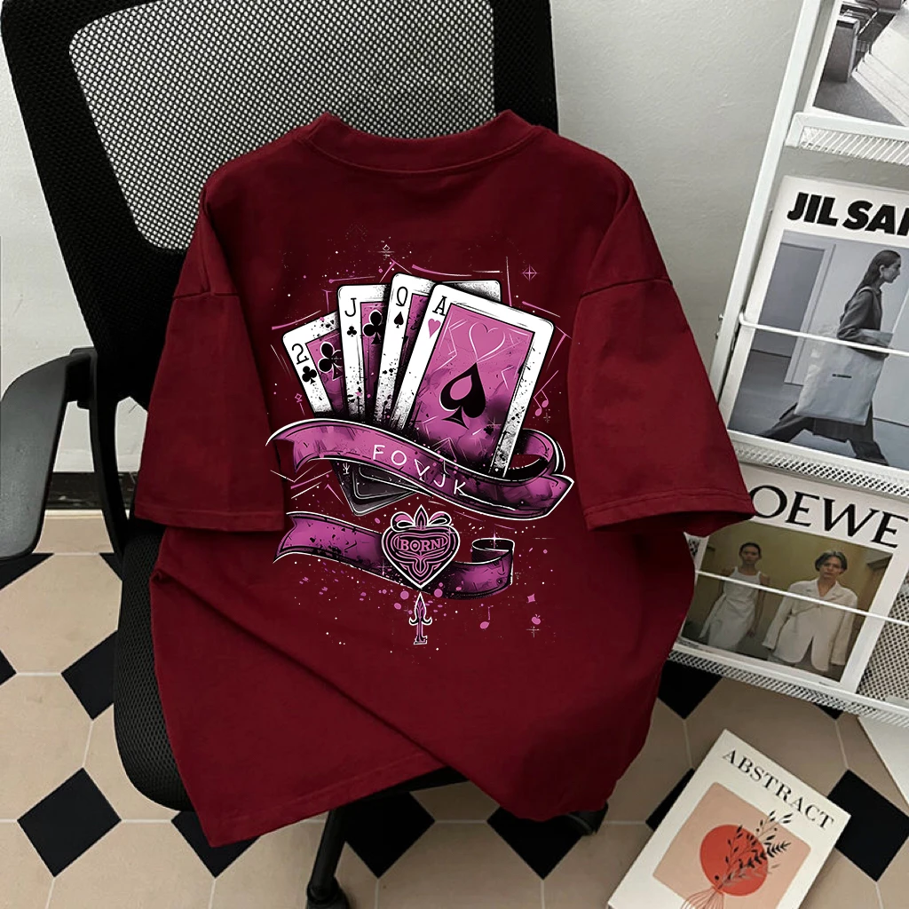 潮牌嘻哈扑克印花欧美风纯棉短袖T恤男女情侣ins潮宽松半袖上衣夏