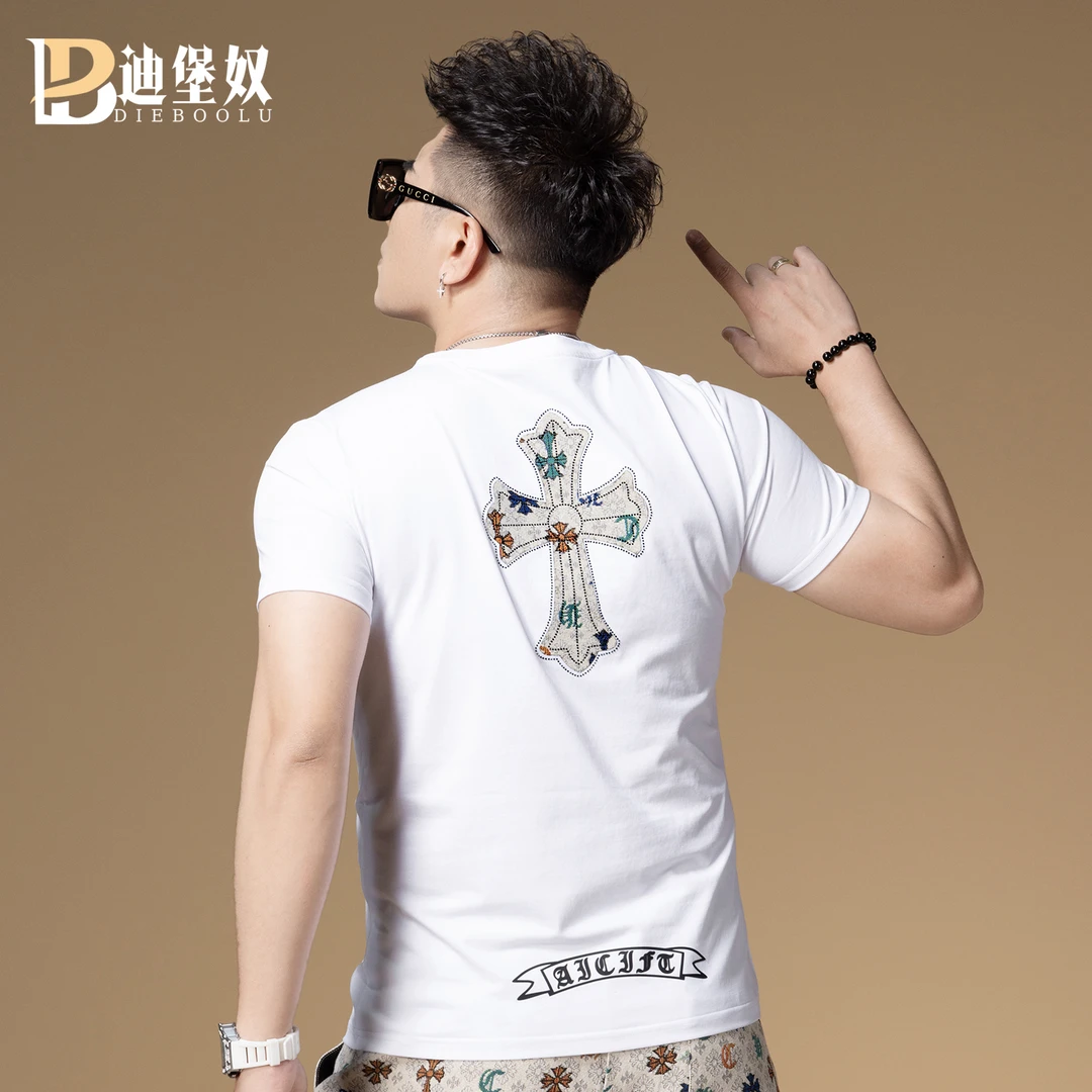 欧洲站2025潮牌短袖T恤夏季圆领修身刺绣金属十字架休闲半袖男T恤