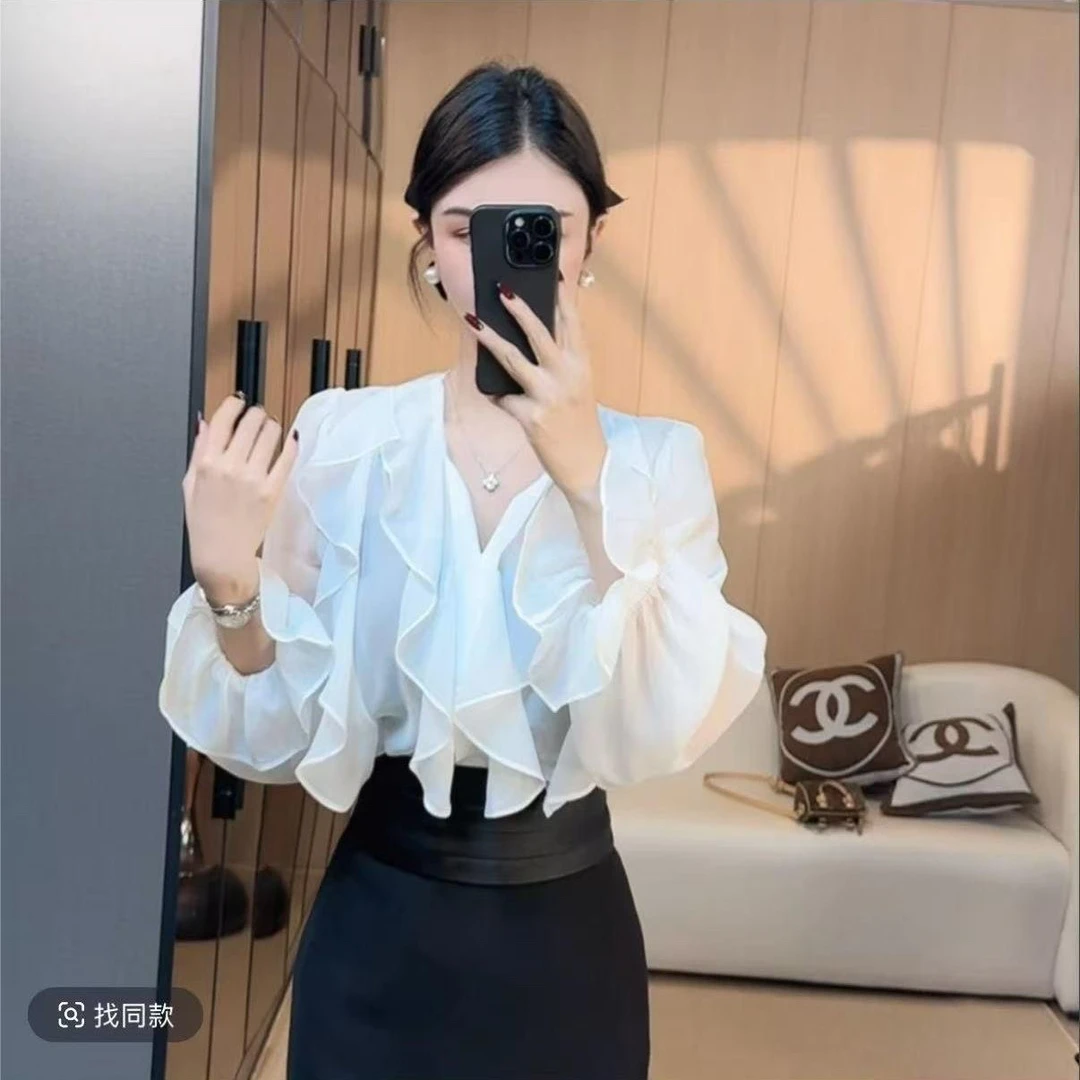 法式荷叶边气质长袖V领雪纺防晒内外衬衫显瘦百搭喇叭袖减龄上衣