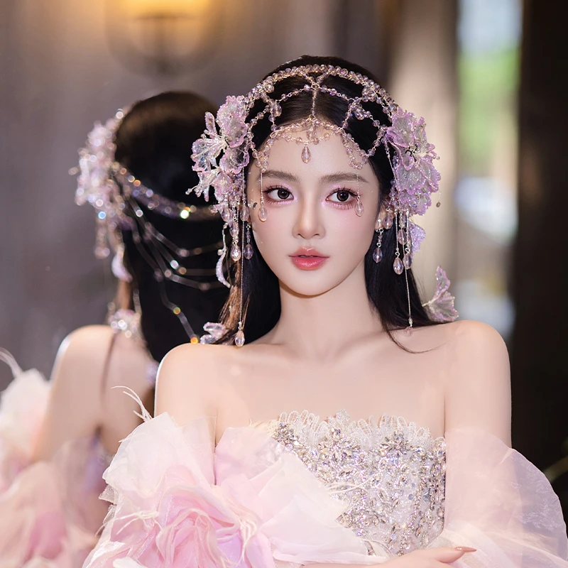 非金属仿水晶婚庆饰品 新娘氛围感结婚超仙手工浅紫色发饰D0577Z