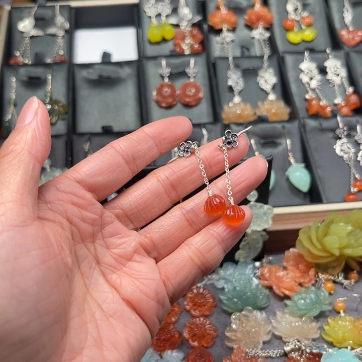 蛇纹石玉耳饰银S925镶嵌L*u