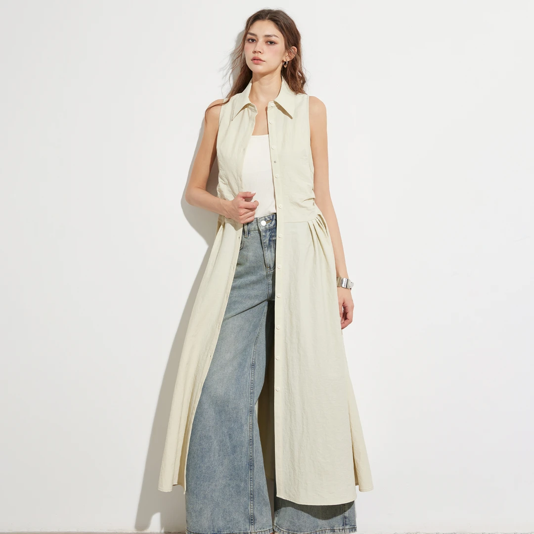 Basic House/百家好知性文艺无袖衬衫连衣裙女2025夏季显瘦长裙