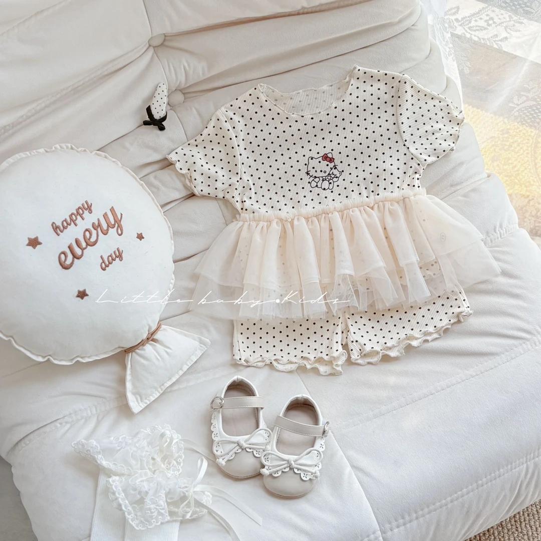 婴儿夏季衣服2025新款女宝波点套装卡通网纱娃娃衫韩版短裤两件套